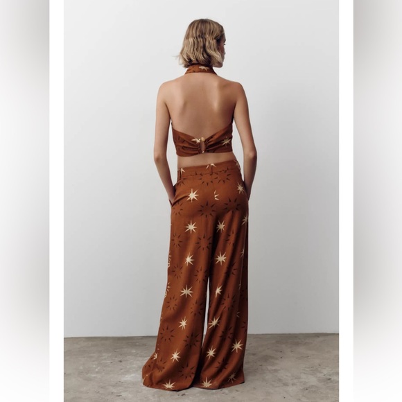ZARA SUN PRINT BOHO LINEN BROWN WIDE LEG PANTS XS NWT - Picture 4 of 16
